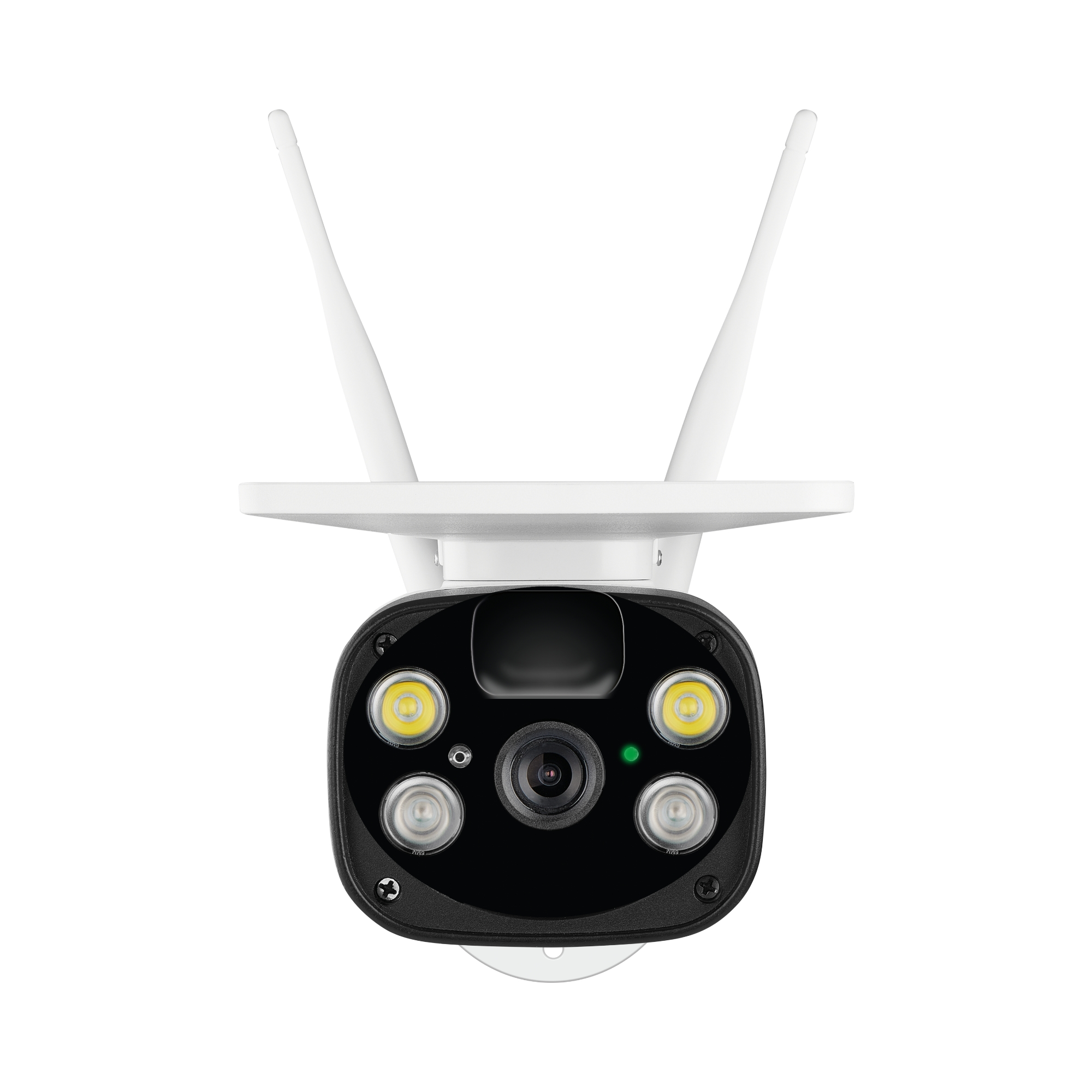 Una cámara de seguridad blanca con dos antenas. Tiene una lente de cámara negra y cuatro luces.