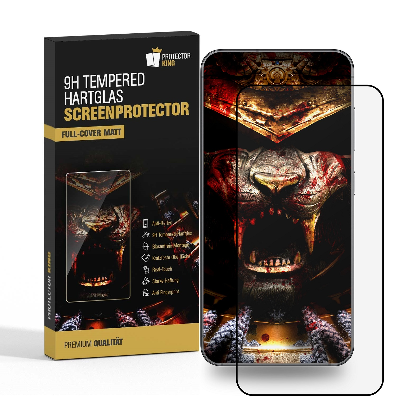 Handy-Displayschutzfolien-Box und ein Handy mit Schutzfolie. Das Handy-Display zeigt ein Kriegerbild.