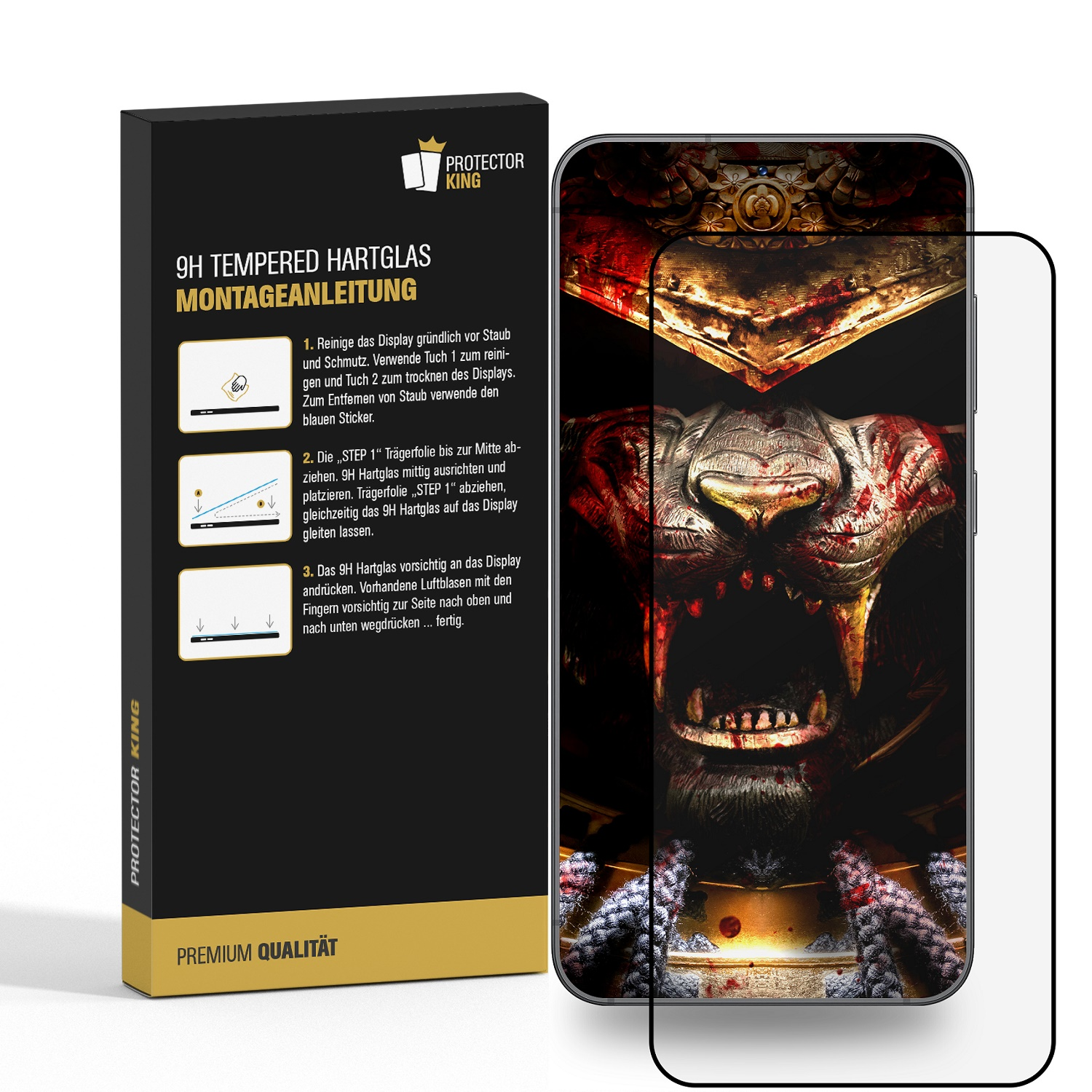 Ein Telefon mit Displayschutzfolie und eine schwarze Box mit Anweisungen.