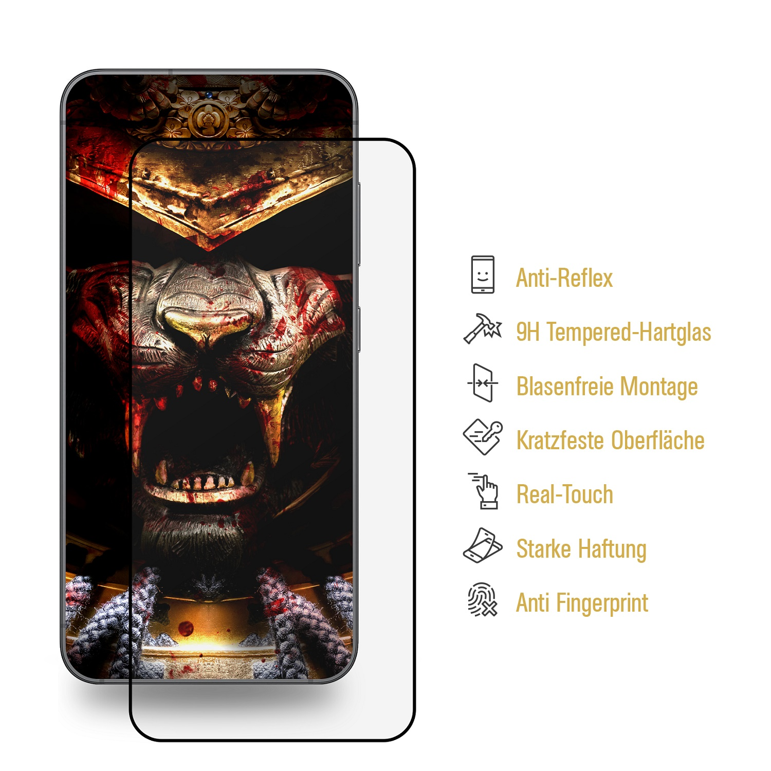 Ein Telefon mit aufgebrachter Displayschutzfolie. Der Bildschirm zeigt ein Löwengesicht, mit Text.
