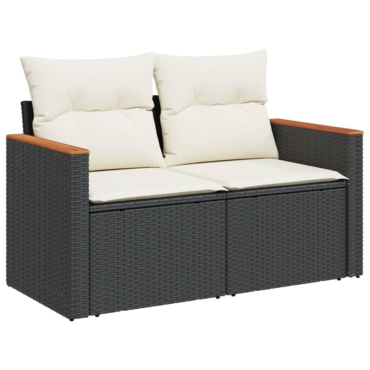 Zweisitziges dunkelgraues gewebtes Sofa mit cremefarbenen Kissen, Holzarmlehnen.