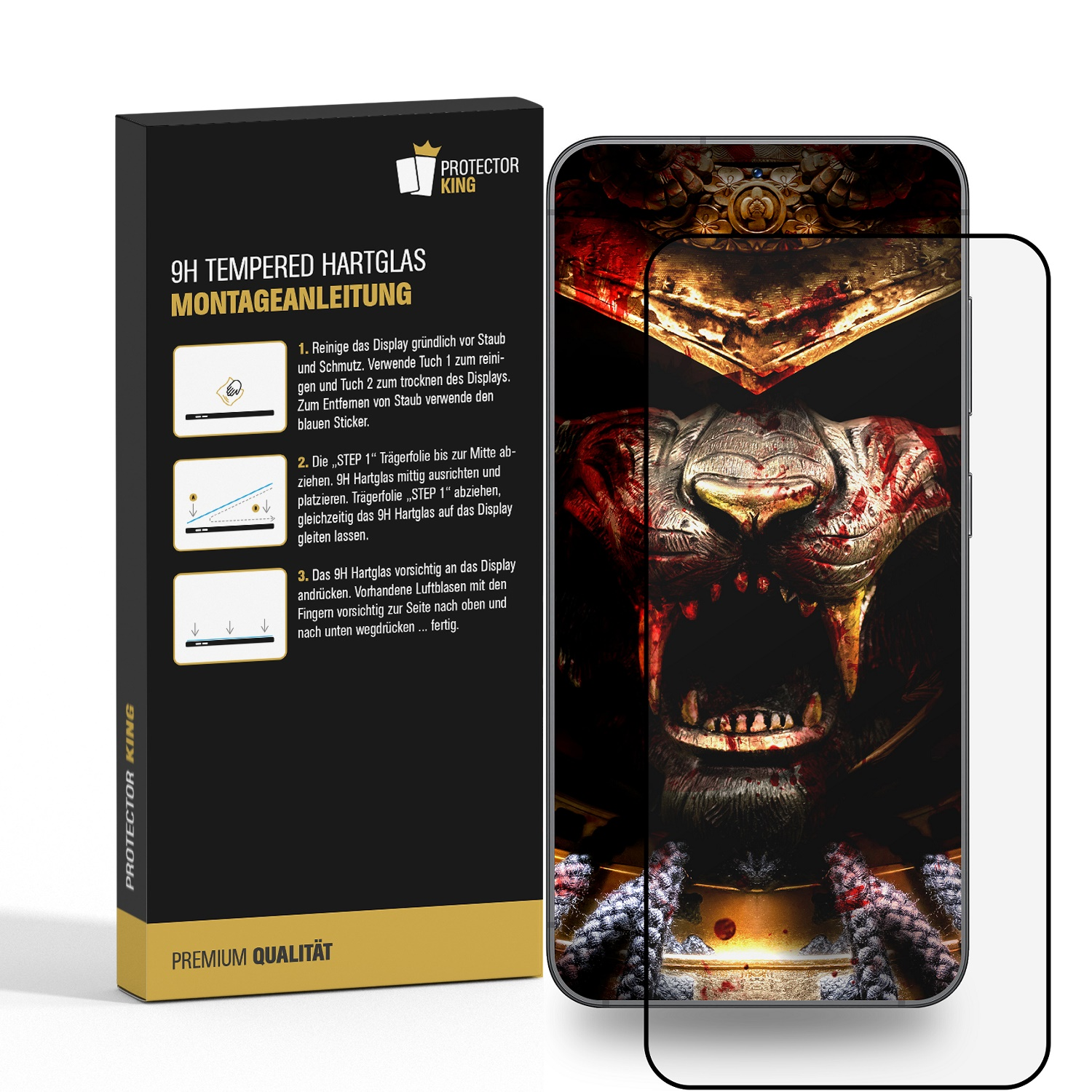 Eine Displayschutzfolienbox mit Anweisungen und ein Telefon mit Schutzfolie auf dem Bildschirm.