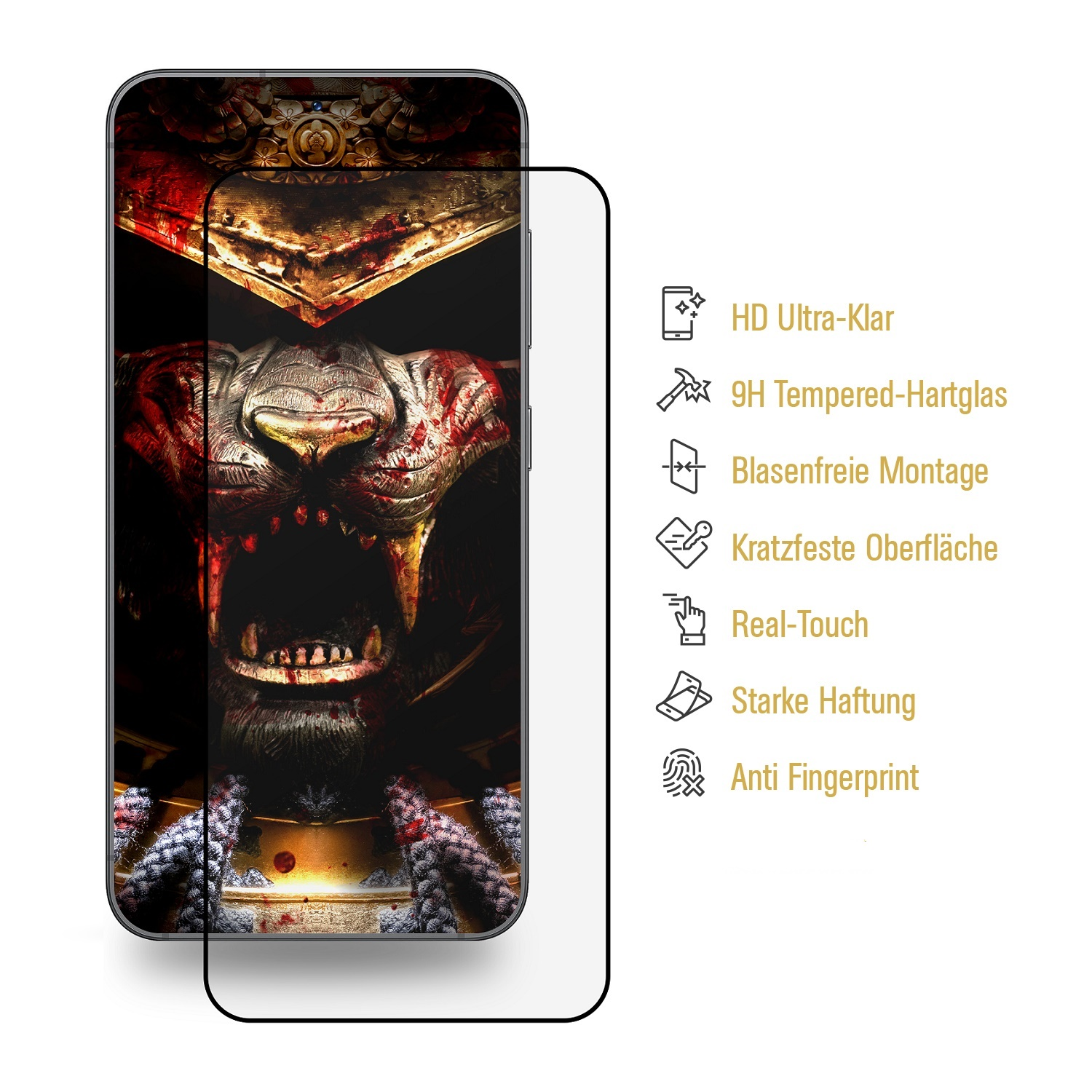 Telefon mit Samurai-Kunst auf dem Bildschirm, mit einem Displayschutz daneben.
