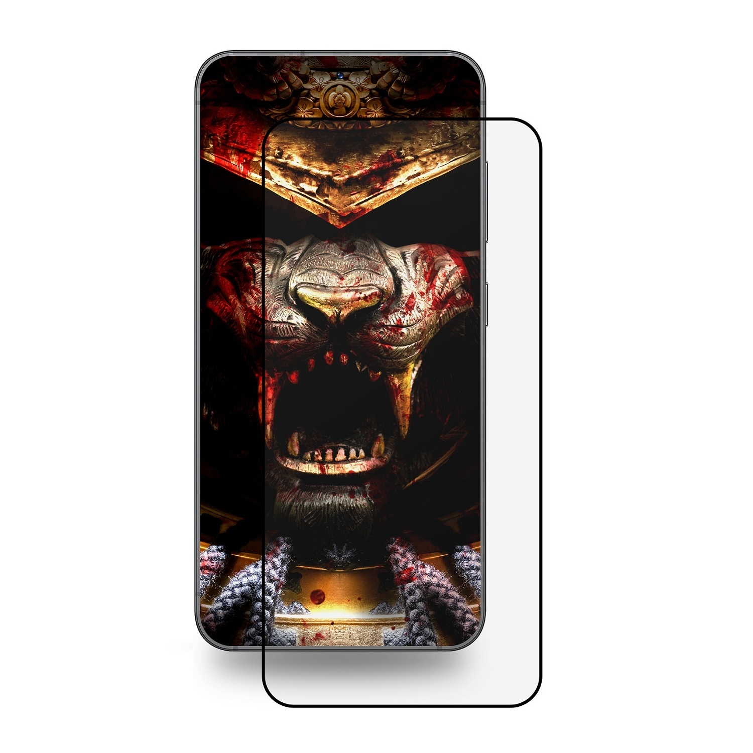 Ein Smartphone mit Displayschutzfolie mit einem Monster mit offenem Mund.