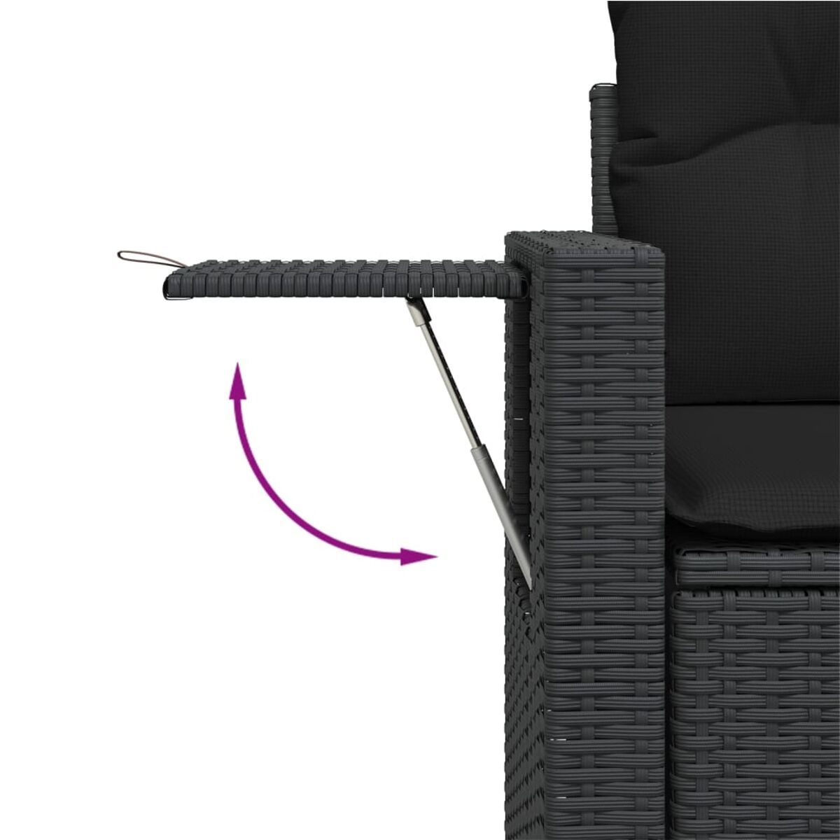 Bracciolo della sedia in rattan grigio con vassoio estendibile.