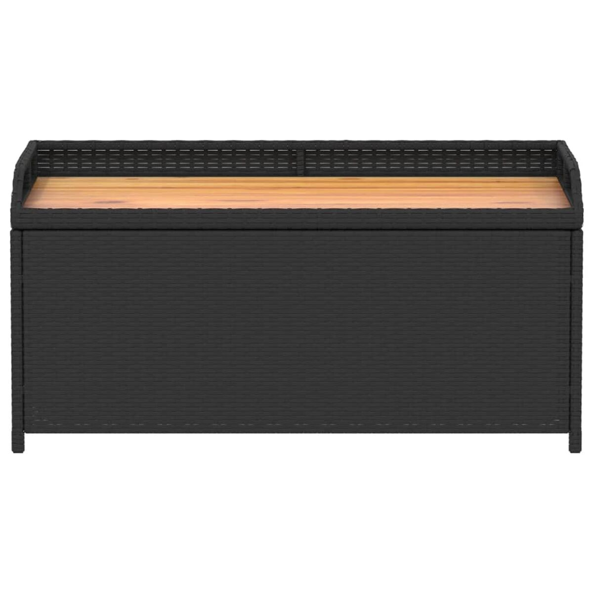Baule portaoggetti nero da esterno con piano in legno. Ha un corpo nero intrecciato. Lo sfondo è bianco.