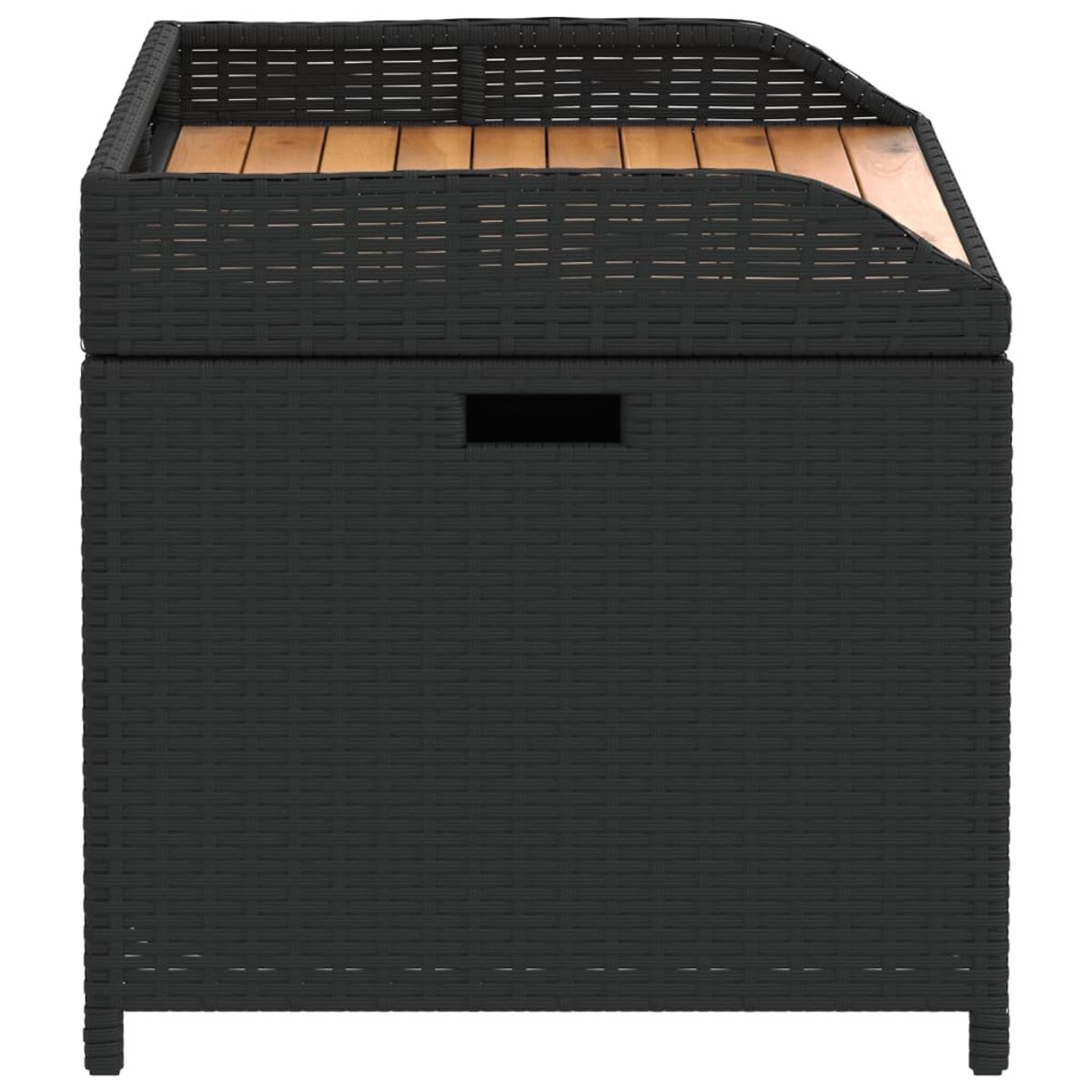 Un contenitore nero per esterni con un piano in legno.