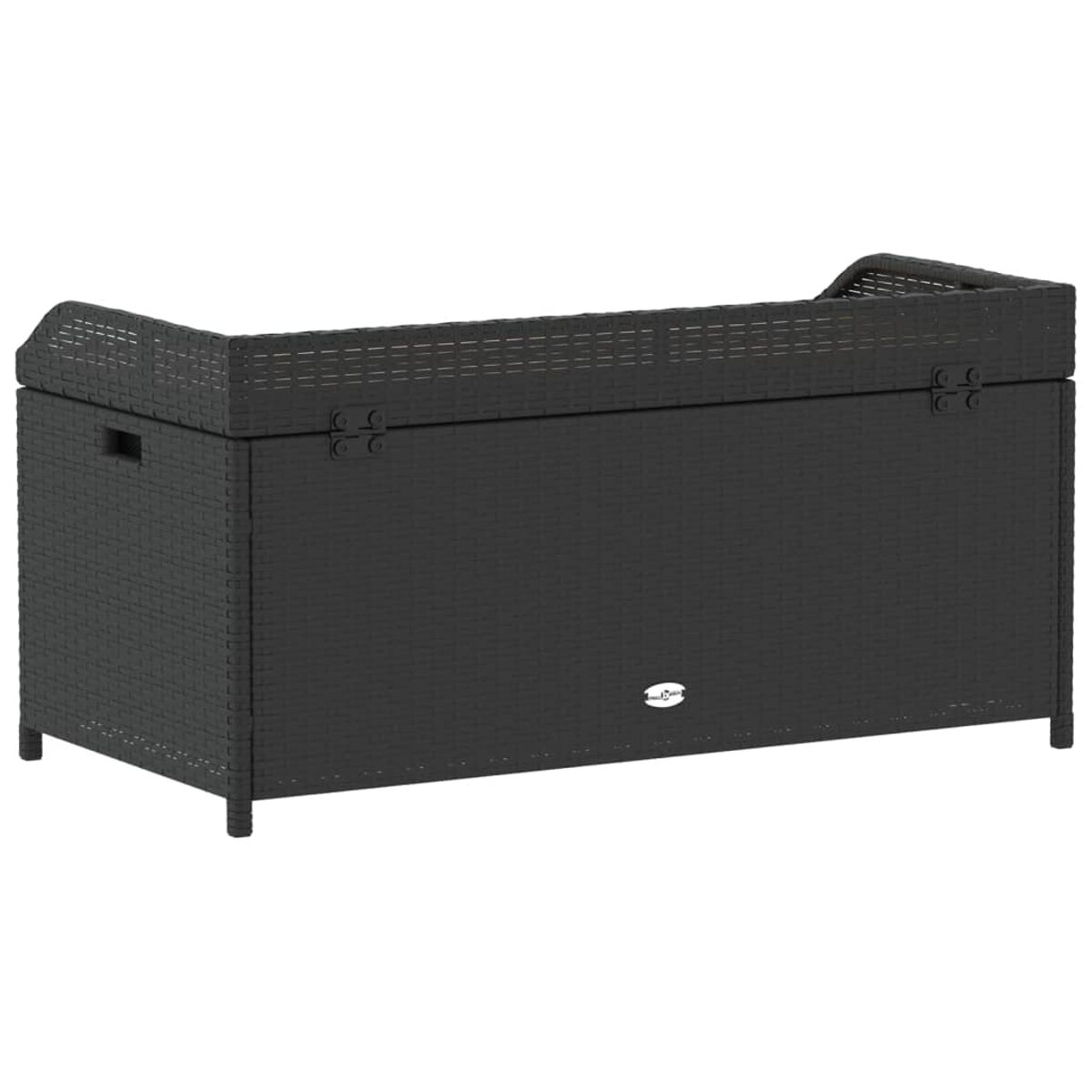 Contenitore portaoggetti da esterno in rattan nero con coperchio, maniglia e cerniere. La scatola è rettangolare e poggia su quattro gambe corte.