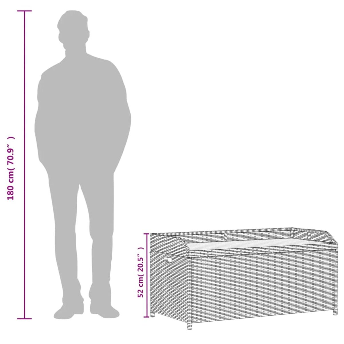 Una persona accanto a un baule in vimini. Le dimensioni del baule sono espresse in cm e pollici.