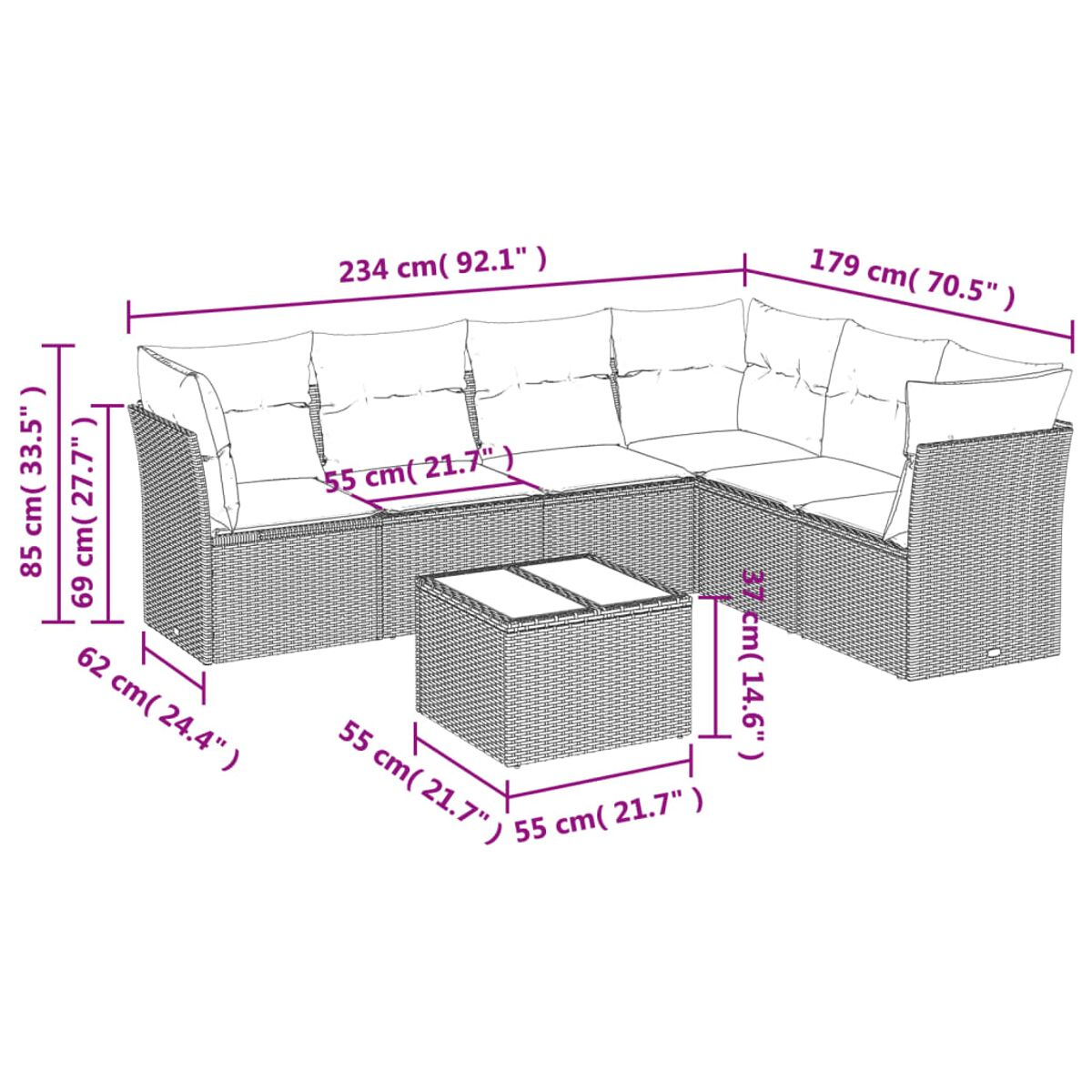 Un set di divano e tavolino in rattan, con misure. Il divano è a forma di L.