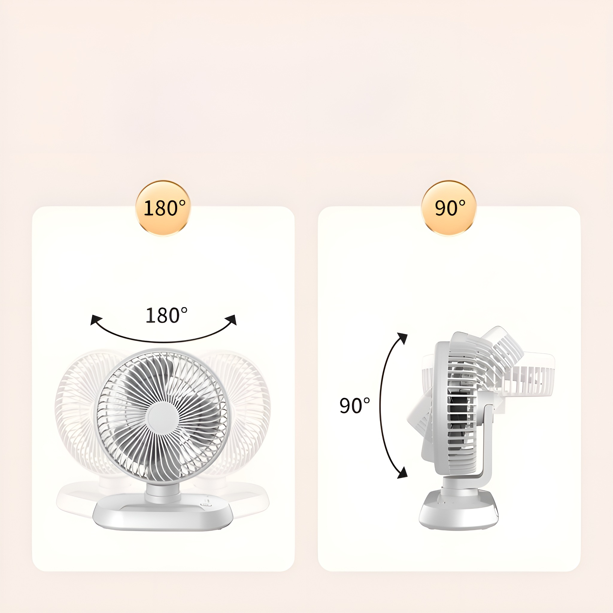 Zwei Bilder: Ventilator mit verstellbarem Kopf, der 180 und 90 Grad Drehung zeigt.