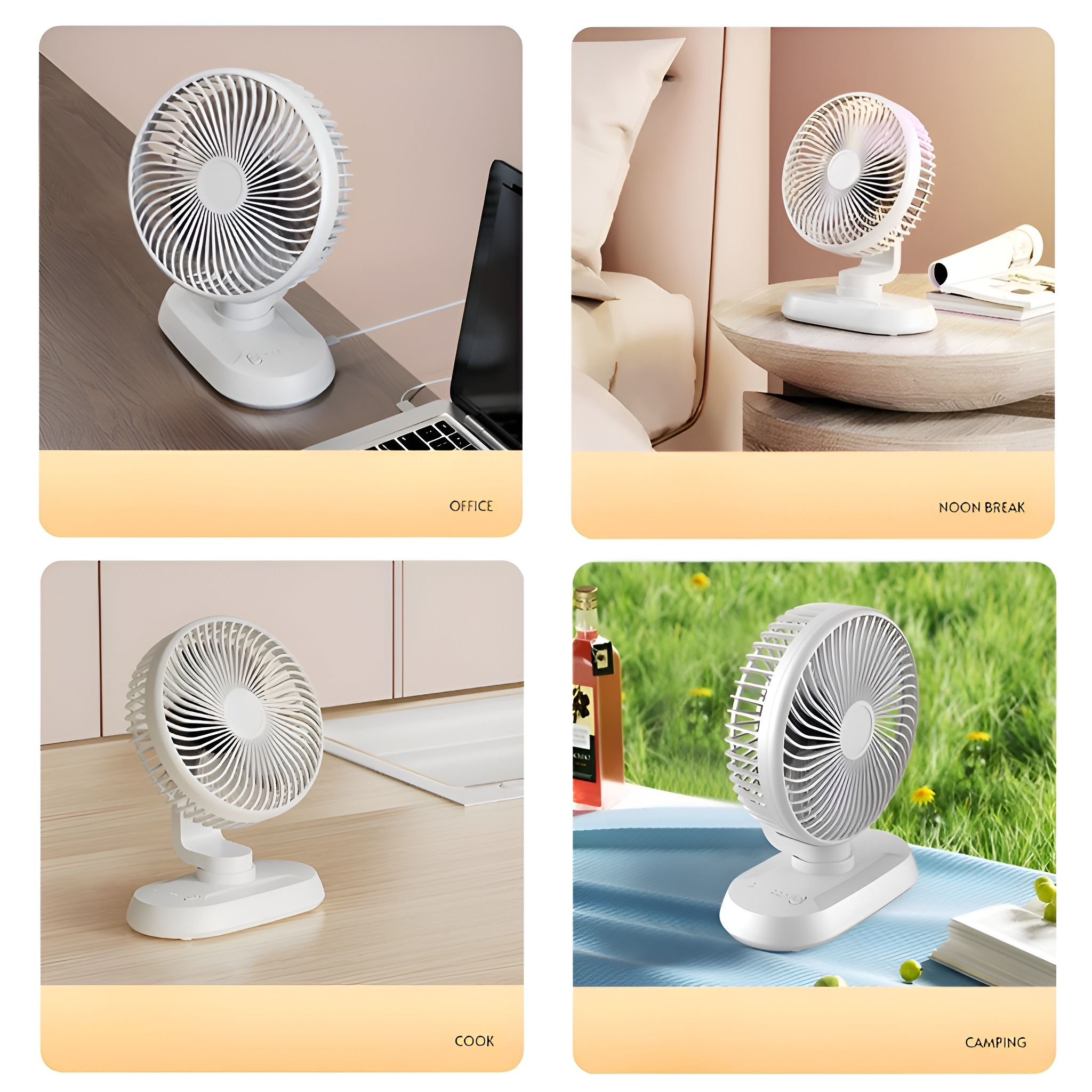 Vier Bilder eines weißen Ventilators in verschiedenen Umgebungen: Büro, Mittagspause, Kochen und Camping.