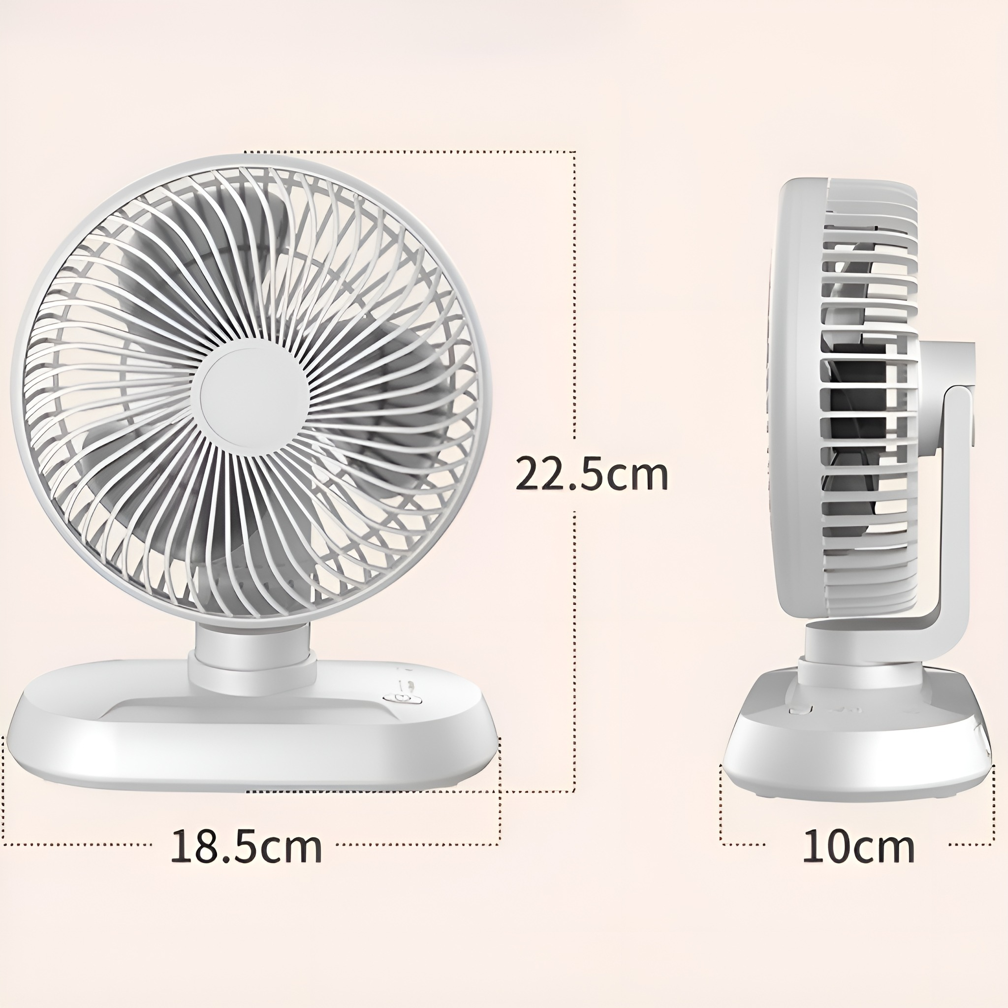 Weißer Ventilator. Abmessungen: 18,5 cm x 22,5 cm x 10 cm. Weißer Hintergrund, Seitenansicht.
