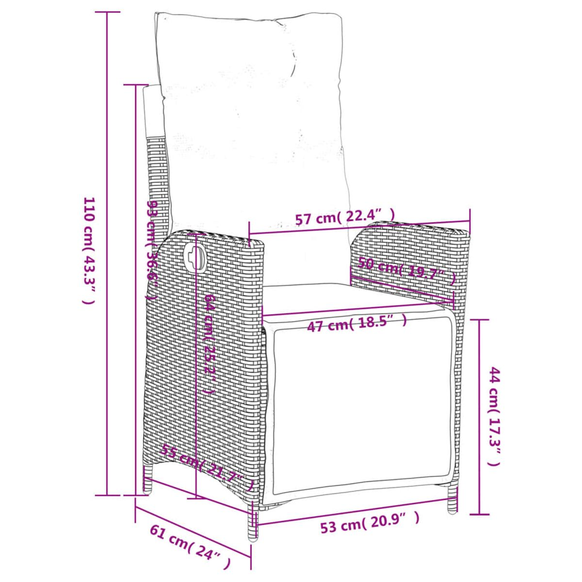 Rattan-Stuhl mit beschrifteten Abmessungen: 110 cm hoch, 61 cm breit, 53 cm tief.