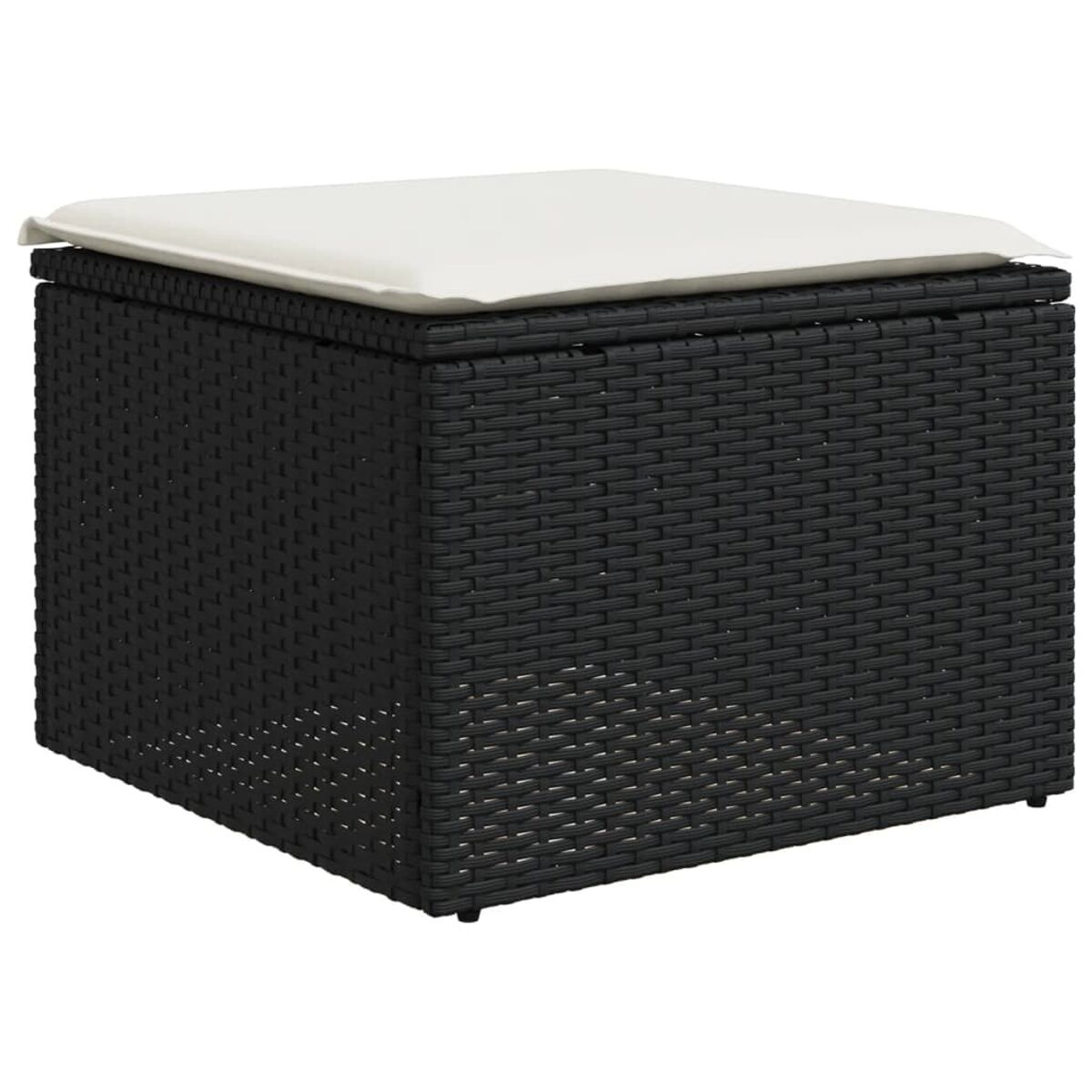 Pouf quadrato in vimini nero con cuscino bianco sopra.