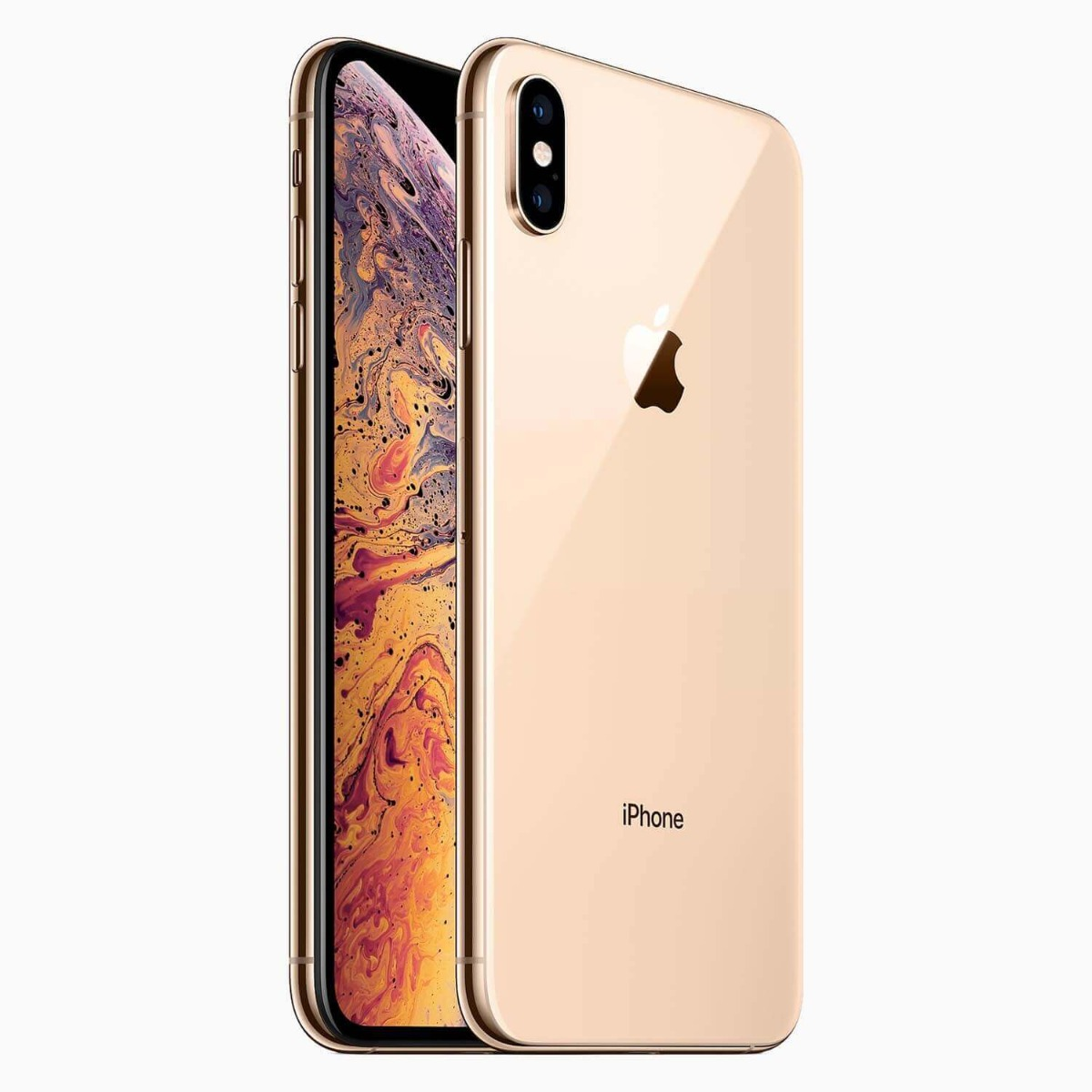 Goldenes iPhone XS steht. Das Telefon hat einen goldenen Rahmen und einen schwarzen Bildschirm. Das Apple-Logo ist sichtbar.