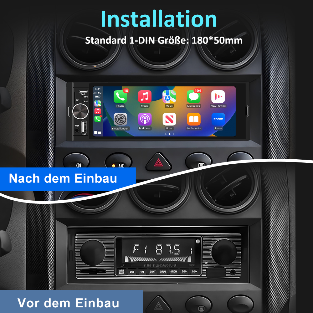 System rozrywki samochodowej, porównujący przed i po instalacji nowej jednostki.