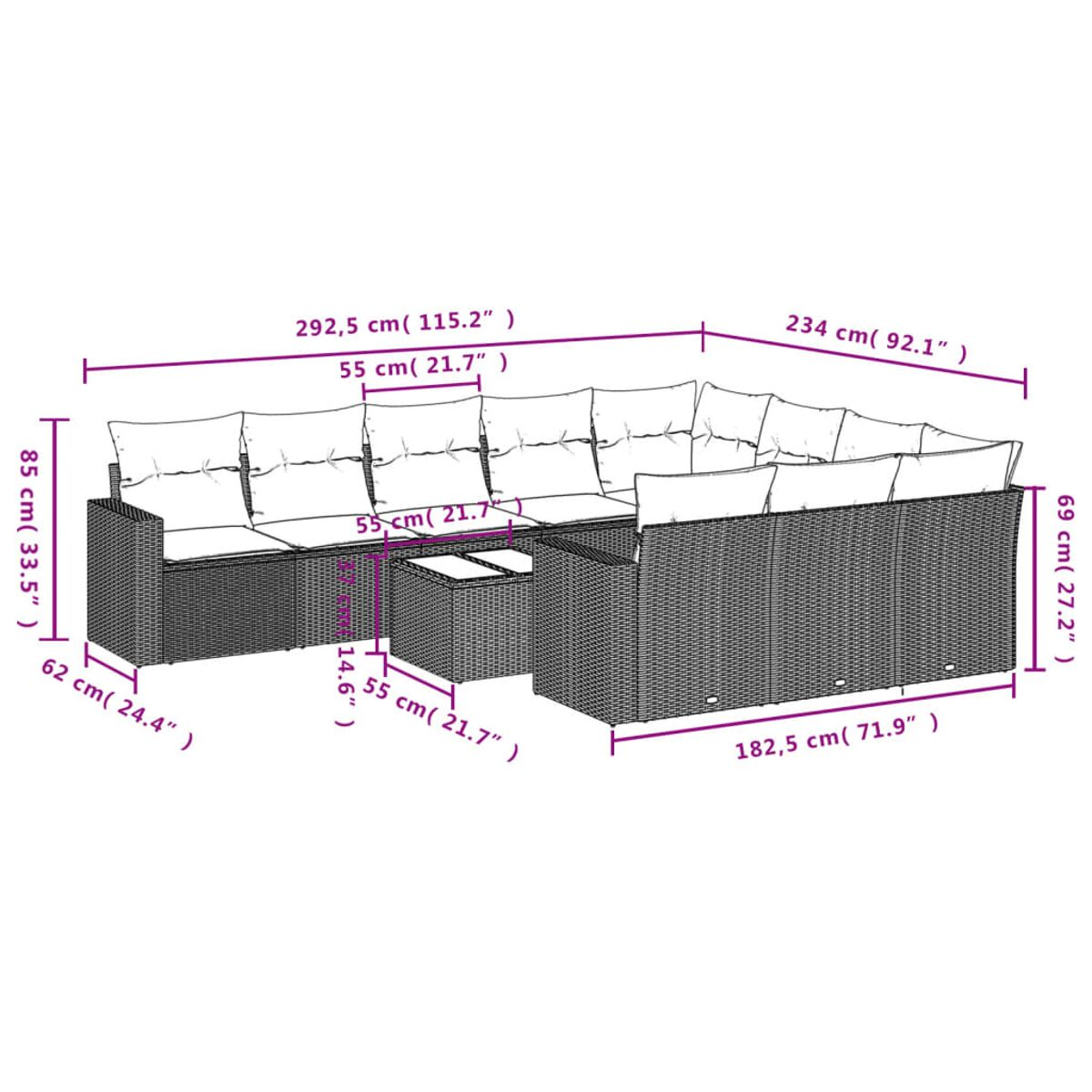 Set divano in rattan da esterno con dimensioni etichettate. Include divano, divano angolare e tavolo.