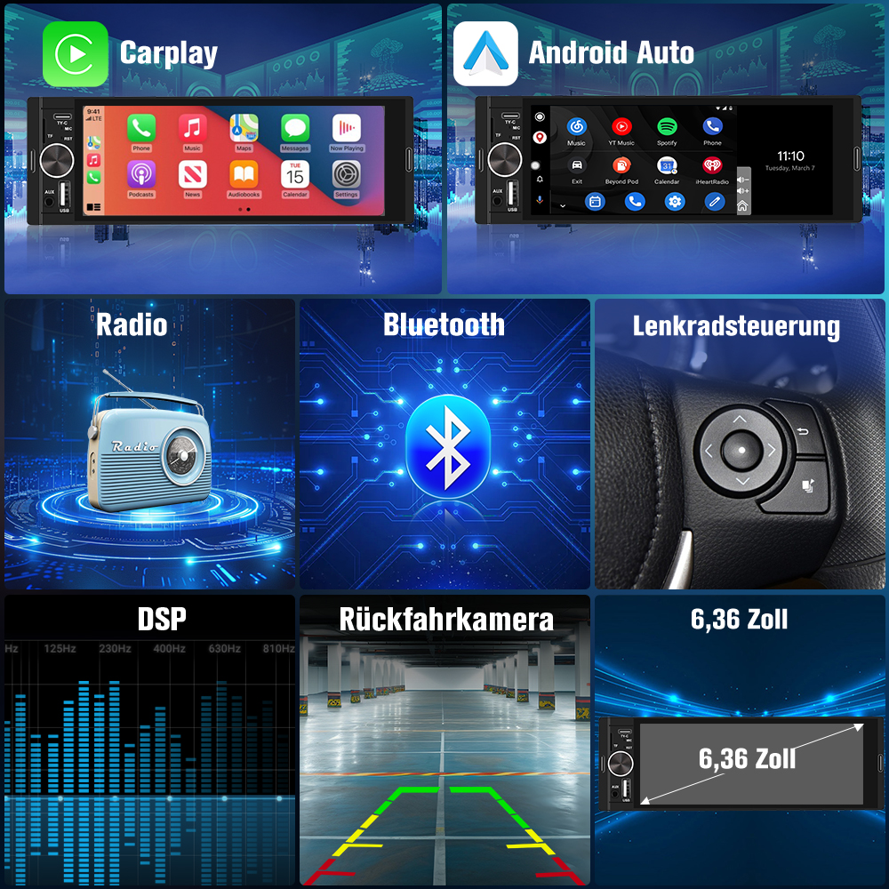 Ekran radia samochodowego z opcjami CarPlay i Android Auto.