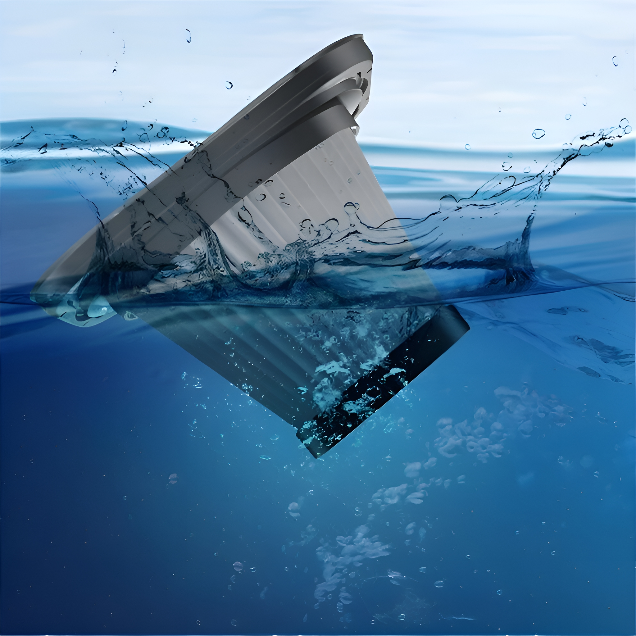 Ein graues Gerät, das in Wasser getaucht ist, mit aufsteigenden Blasen. Das Gerät hat eine einzigartige Form.