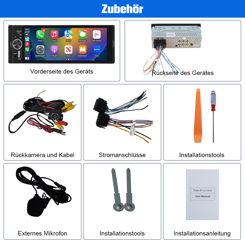 Auto-Stereo-Zubehör: Vorder- und Rückansicht des Stereos, Kabel, Kamera, Installationswerkzeuge und Handbuch.