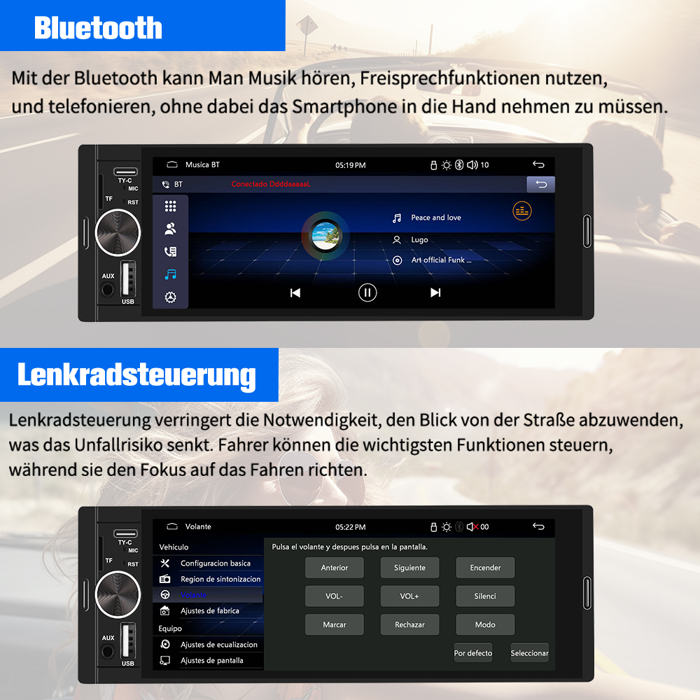 System multimedialny do samochodu z Bluetooth i sterowaniem z kierownicy. Ekran wyświetla muzykę i ustawienia.