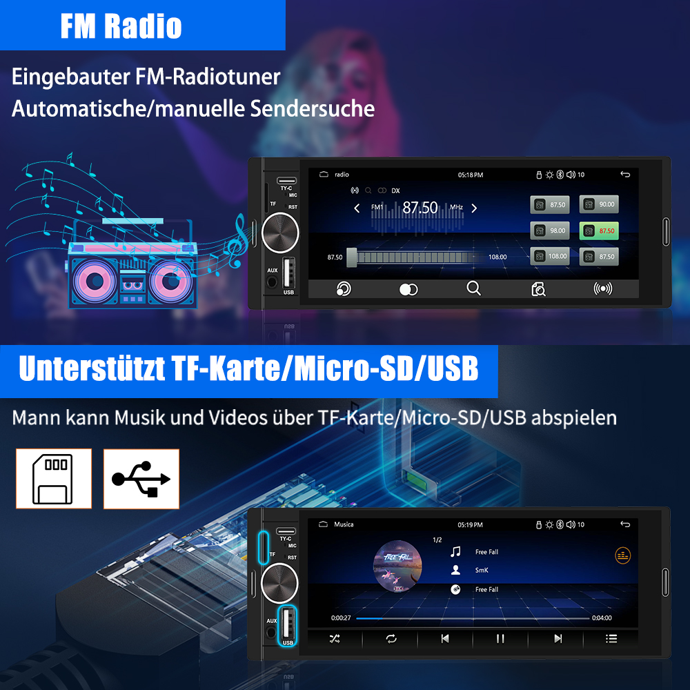 Ekran radia samochodowego z radiem FM i funkcjami USB, czarny z niebieskimi akcentami.