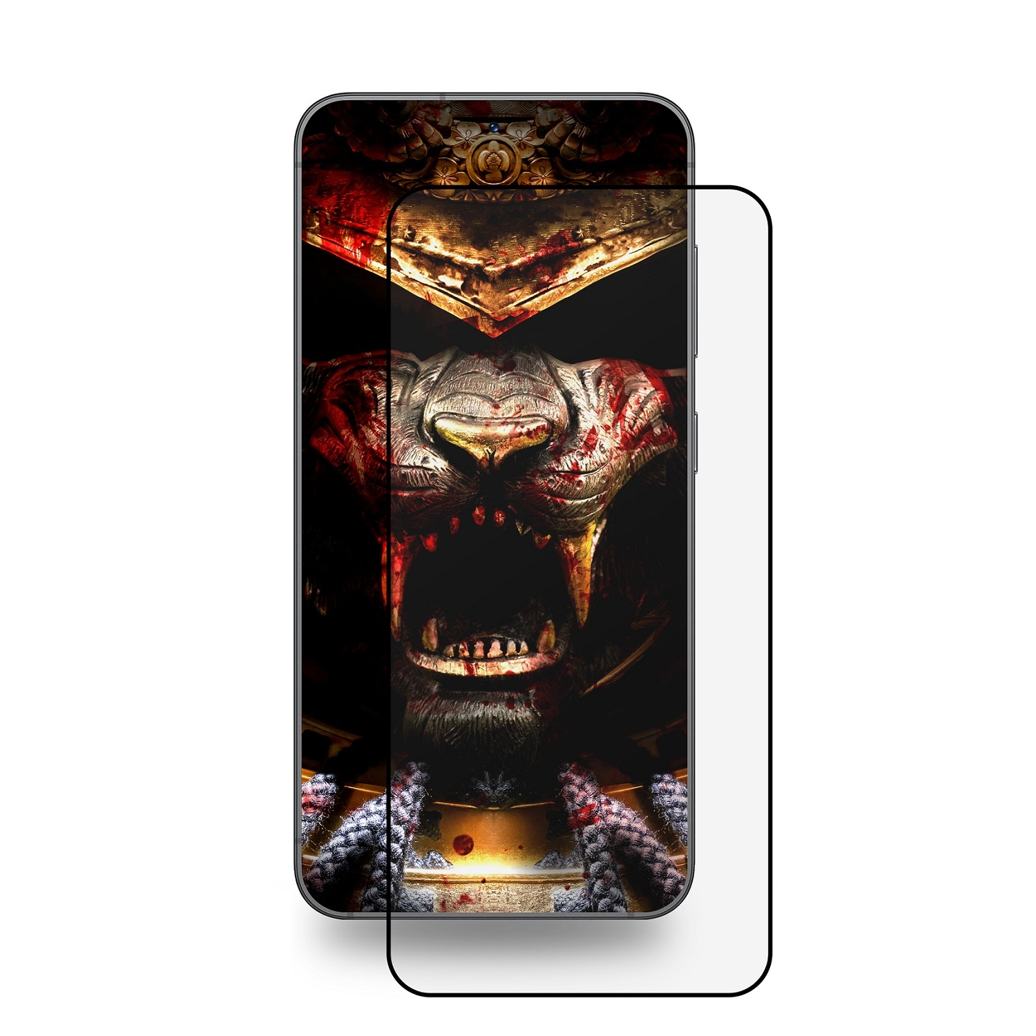 Ein Smartphone mit einem Kriegergesicht-Design und einem Displayschutz. Weißer Hintergrund.