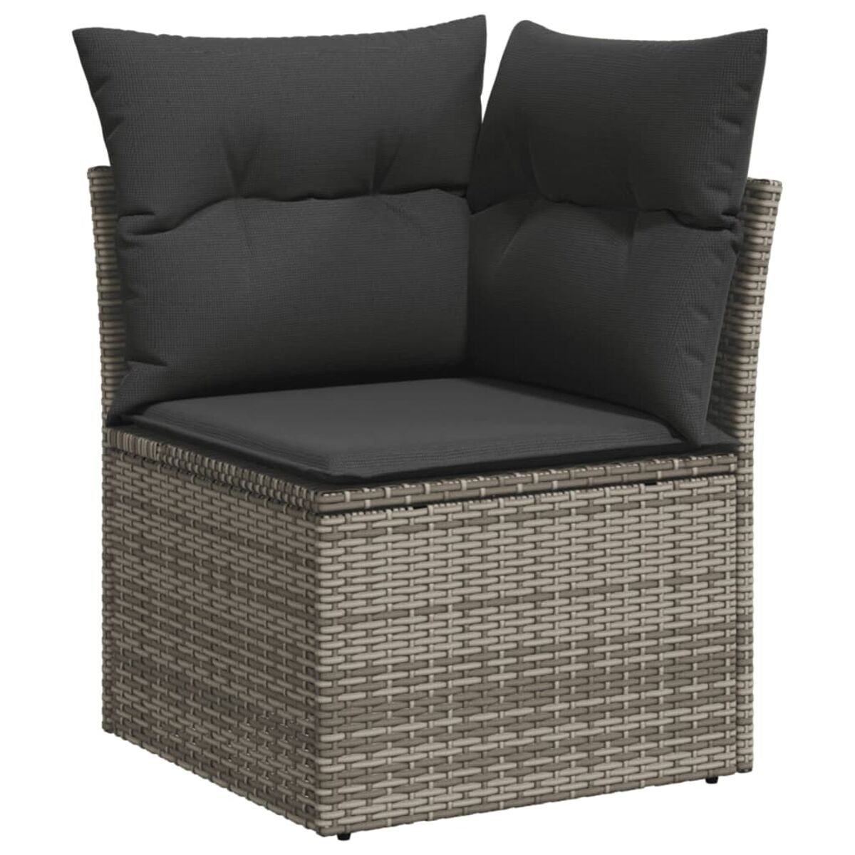 Sedia angolare in rattan grigio con cuscini grigio scuro.