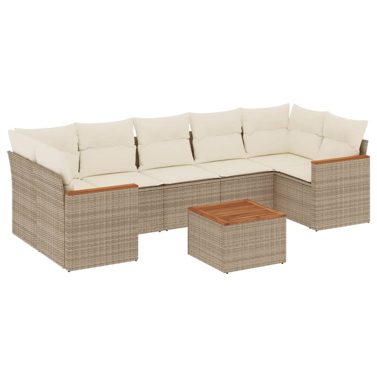 Divano a L in vimini beige con cuscini color crema e braccioli in legno, con tavolino abbinato.
