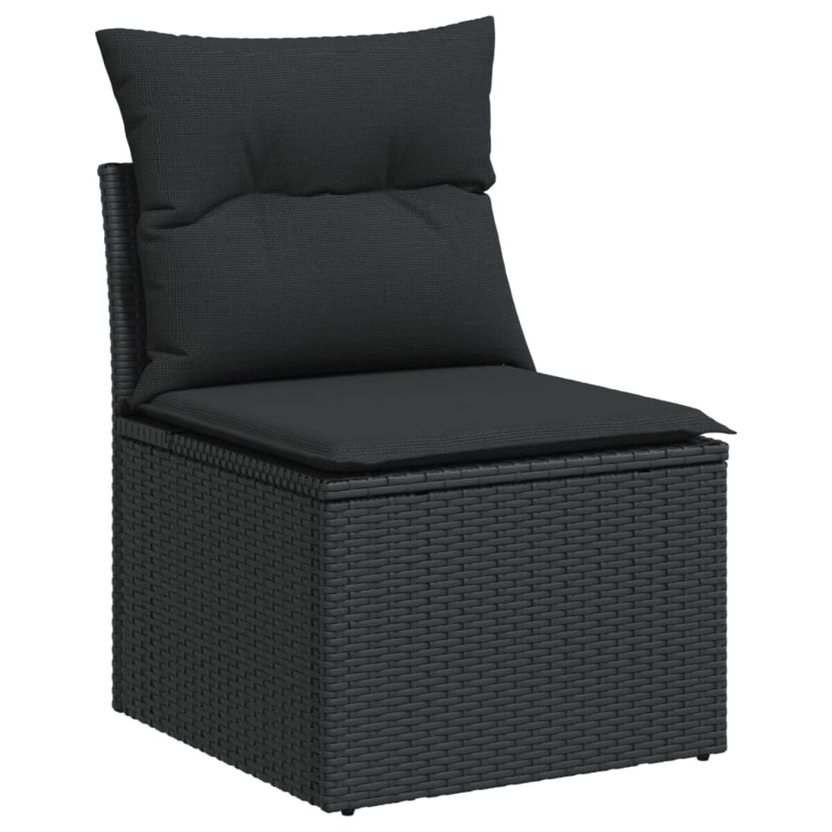 Sedia in rattan nero con cuscino e cuscino neri.