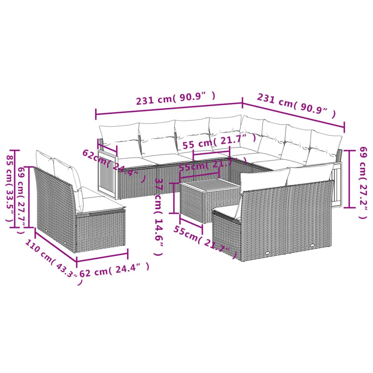 Set di sedute da esterno in vimini con etichette dimensionali.