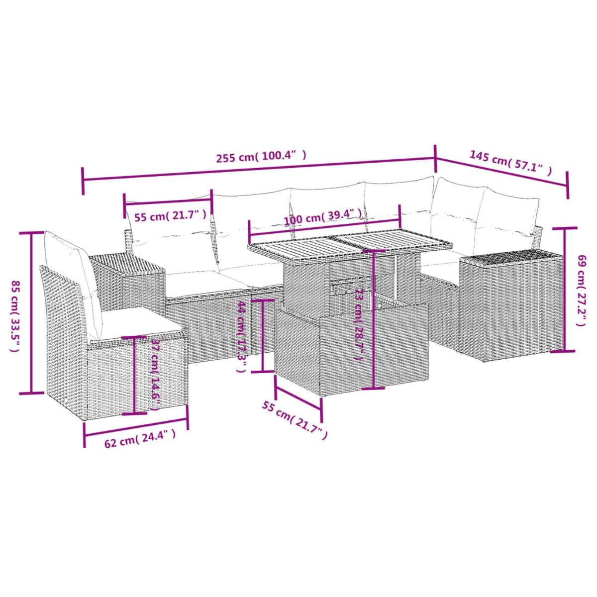 Set di mobili da esterno con dimensioni etichettate. Sfondo bianco.