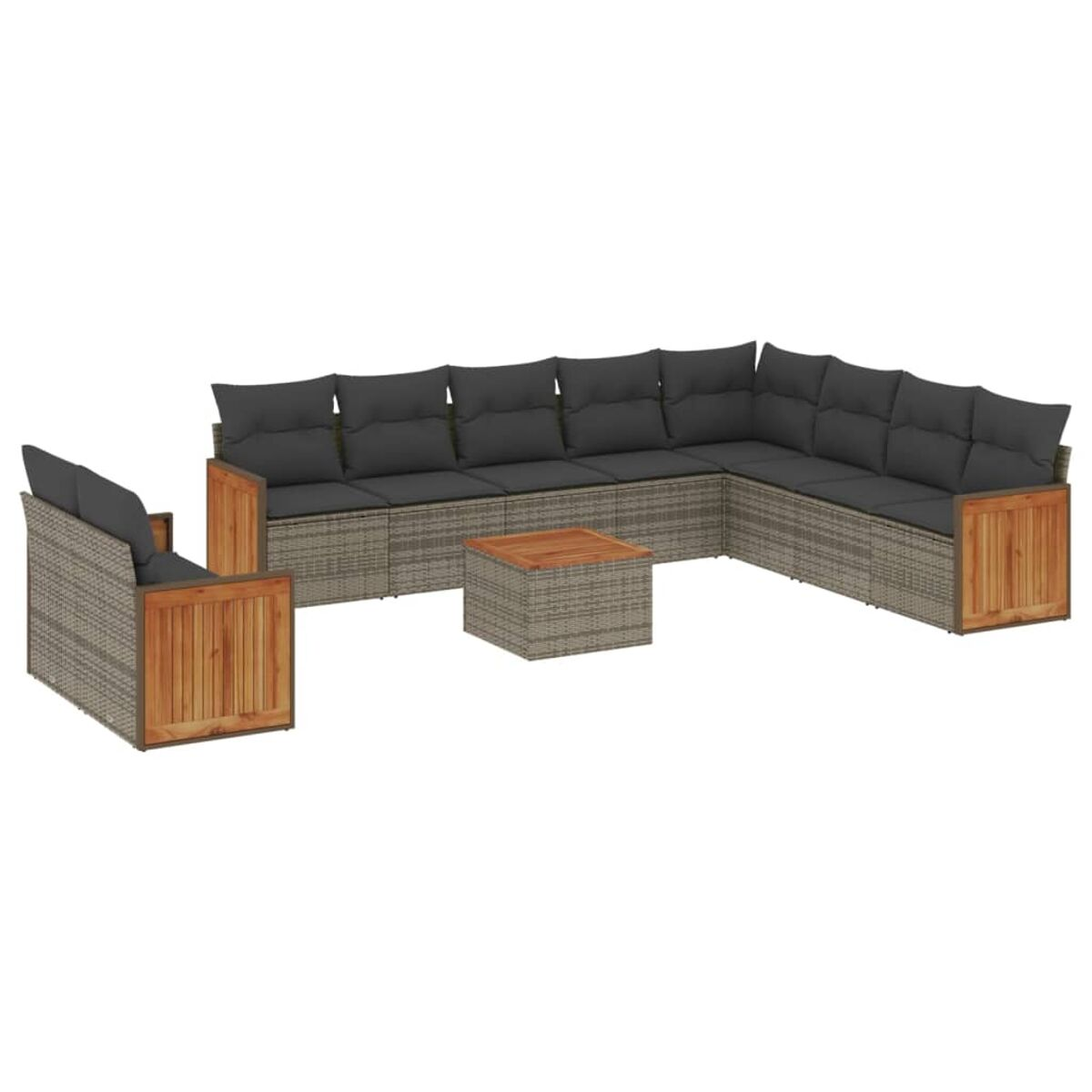 Set da esterno in vimini grigio con divano angolare, sedia e tavolino con dettagli in legno.