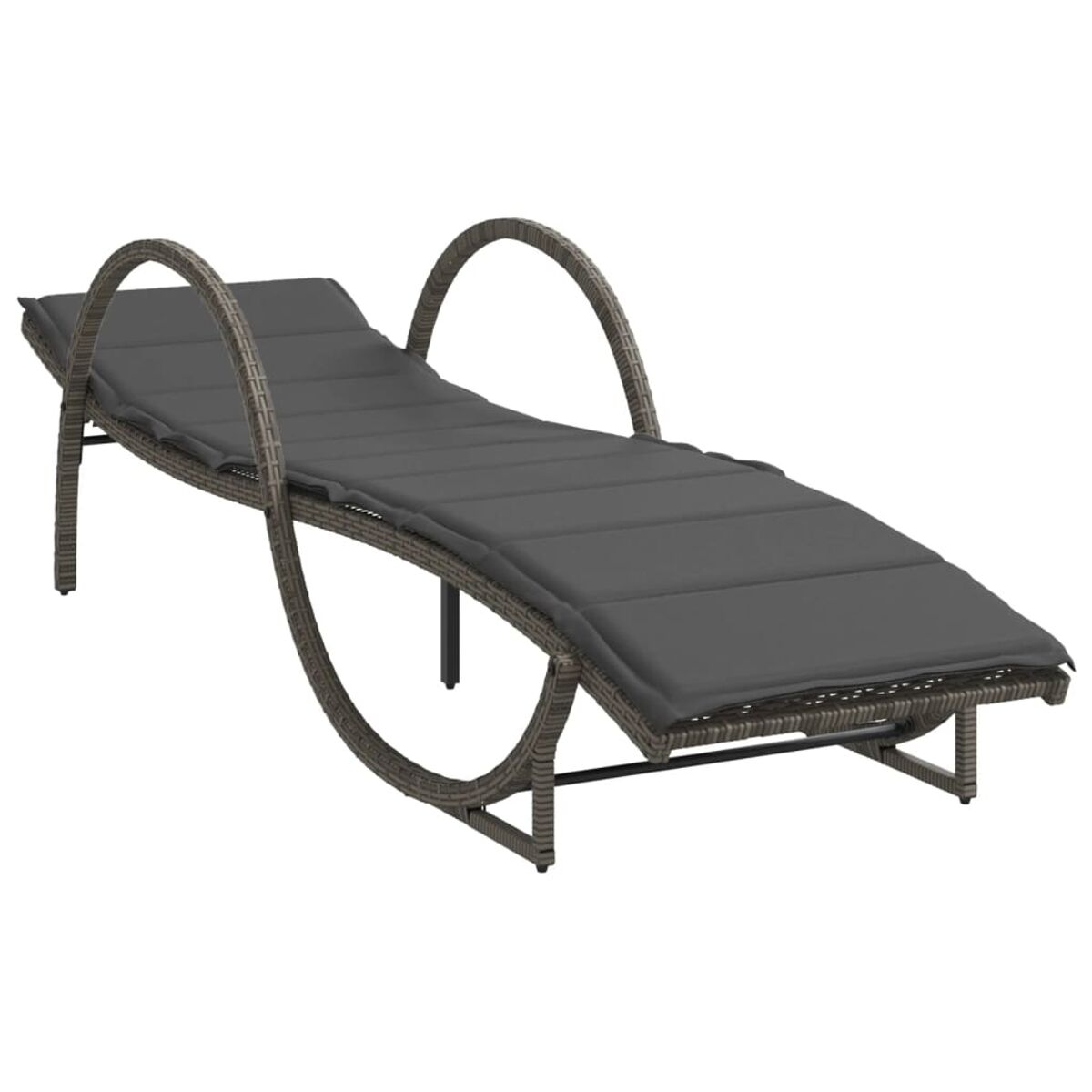 Chaise longue grigia con struttura curva e cuscino grigio scuro.