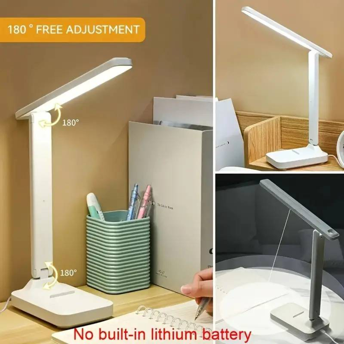 Weiße Schreibtischlampe mit verstellbarem Kopf, verschiedene Winkel, mit Stiften und Papieren.