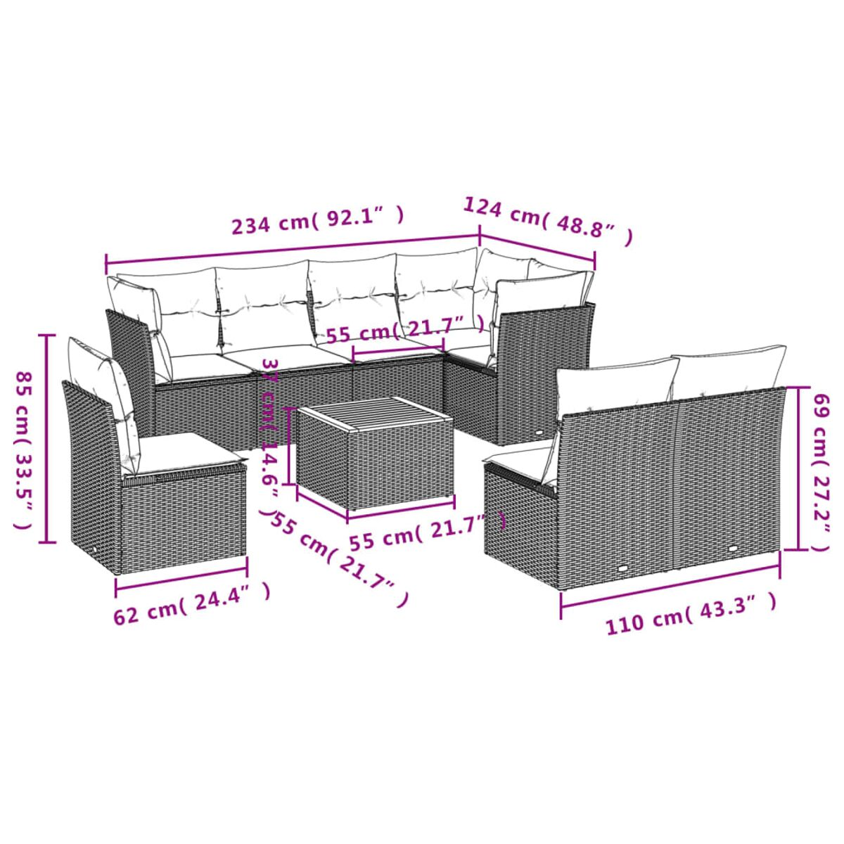 Ein Rattansofa-Set mit Abmessungen. Enthält ein Ecksofa, zwei Stühle und einen Couchtisch.