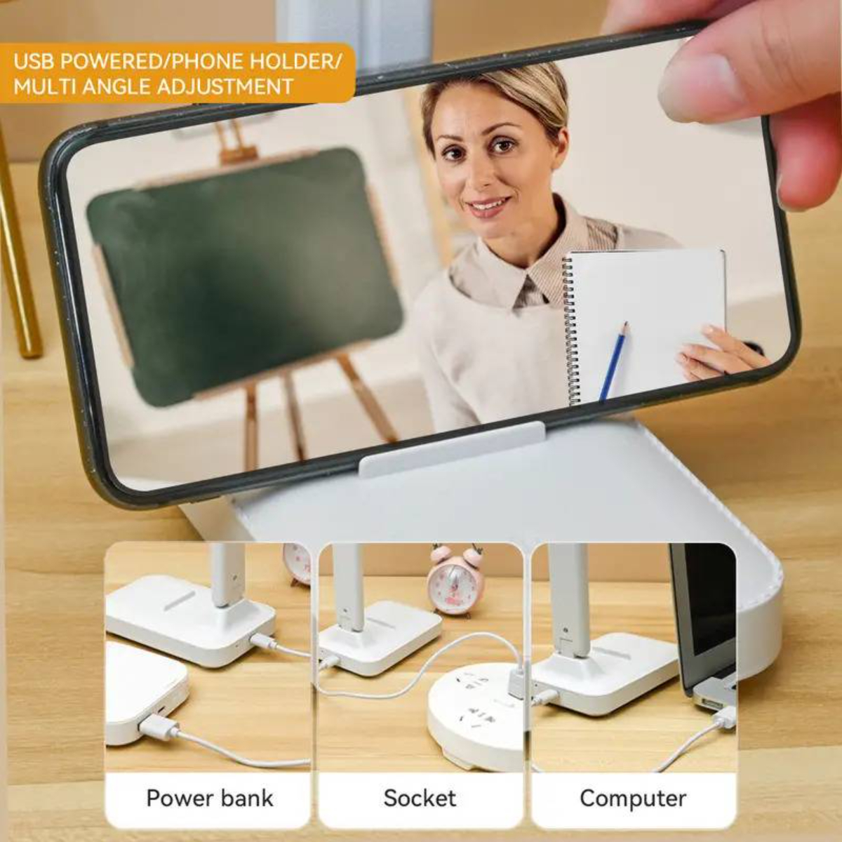 Ein Telefon, das einen Videoanruf mit einer Frau anzeigt. Darunter Bilder von Ladeoptionen: Powerbank, Steckdose und Computer.