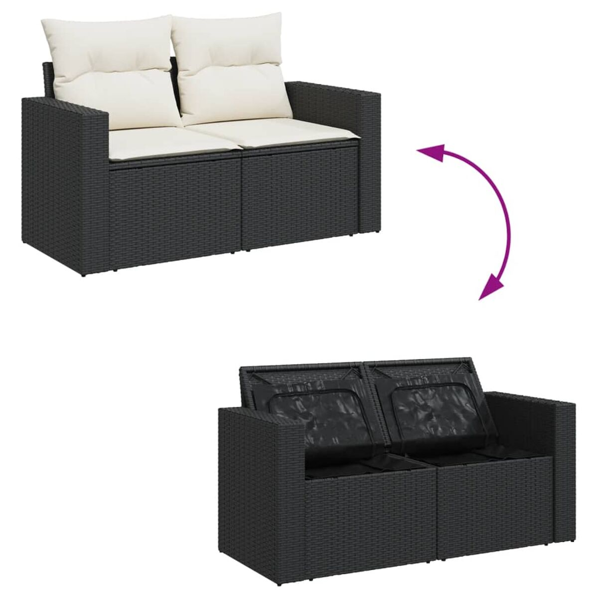 Un set di divani per esterni nero e beige, con il coperchio chiuso e aperto, su bianco.