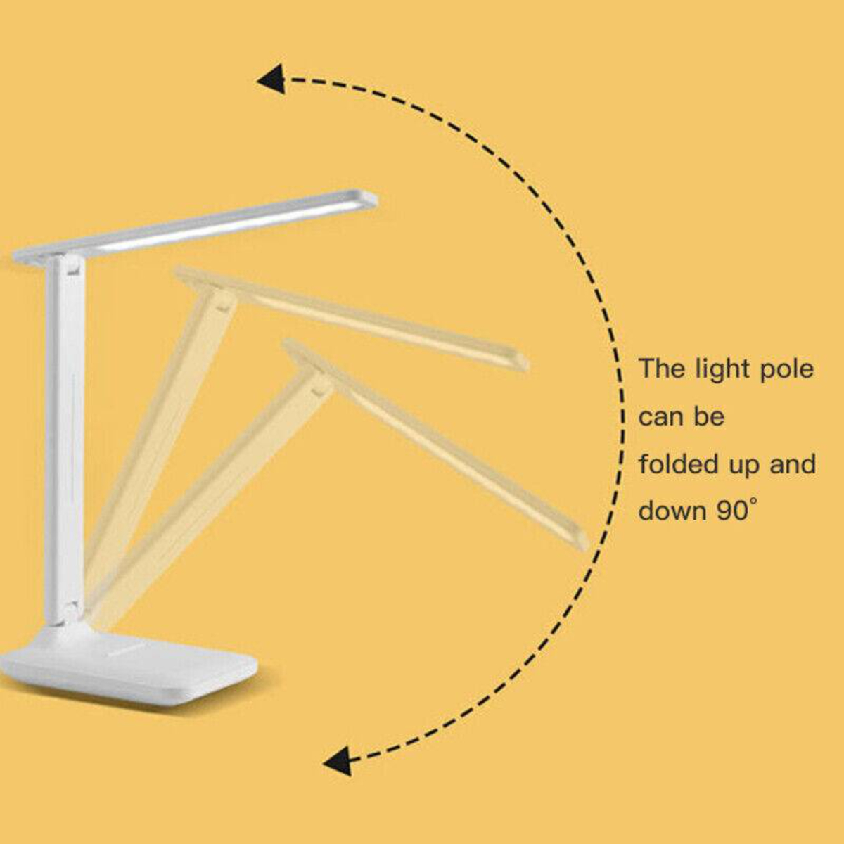 Eine weiße Schreibtischlampe mit verstellbarem Arm, die 90-Grad-Faltung mit gestrichelter Linie zeigt.