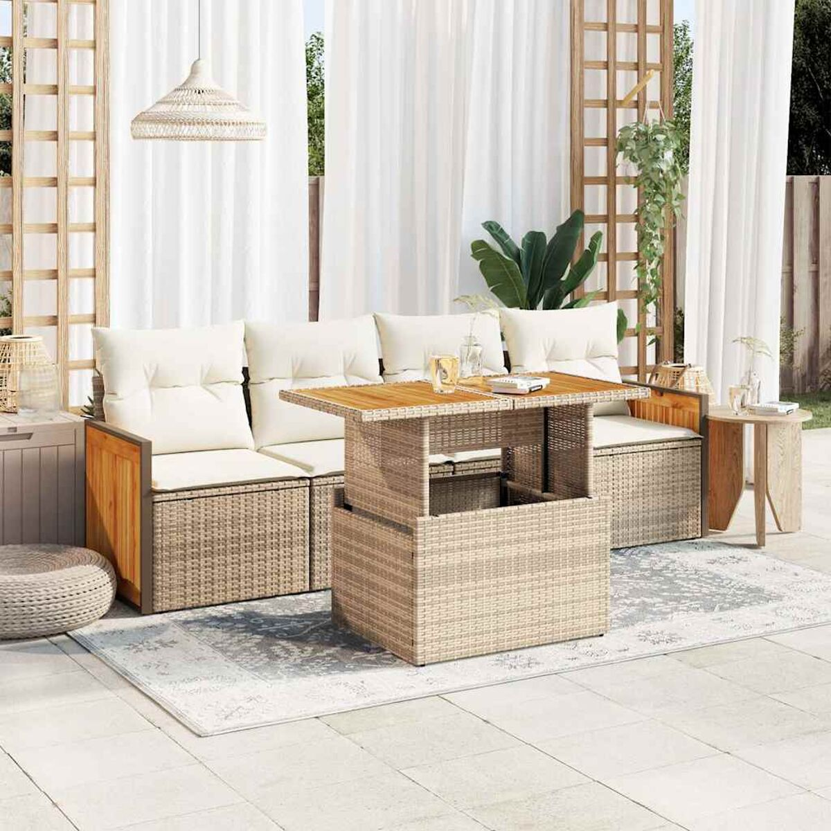 Set Divani da Giardino 5 pz con Cuscini Nero Polyrattan Acacia