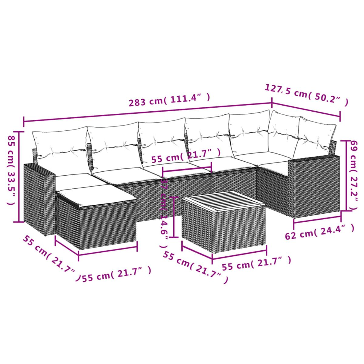 Divano componibile da esterno in rattan con cuscini e tavolino quadrato. Le dimensioni sono visualizzate nell'immagine.