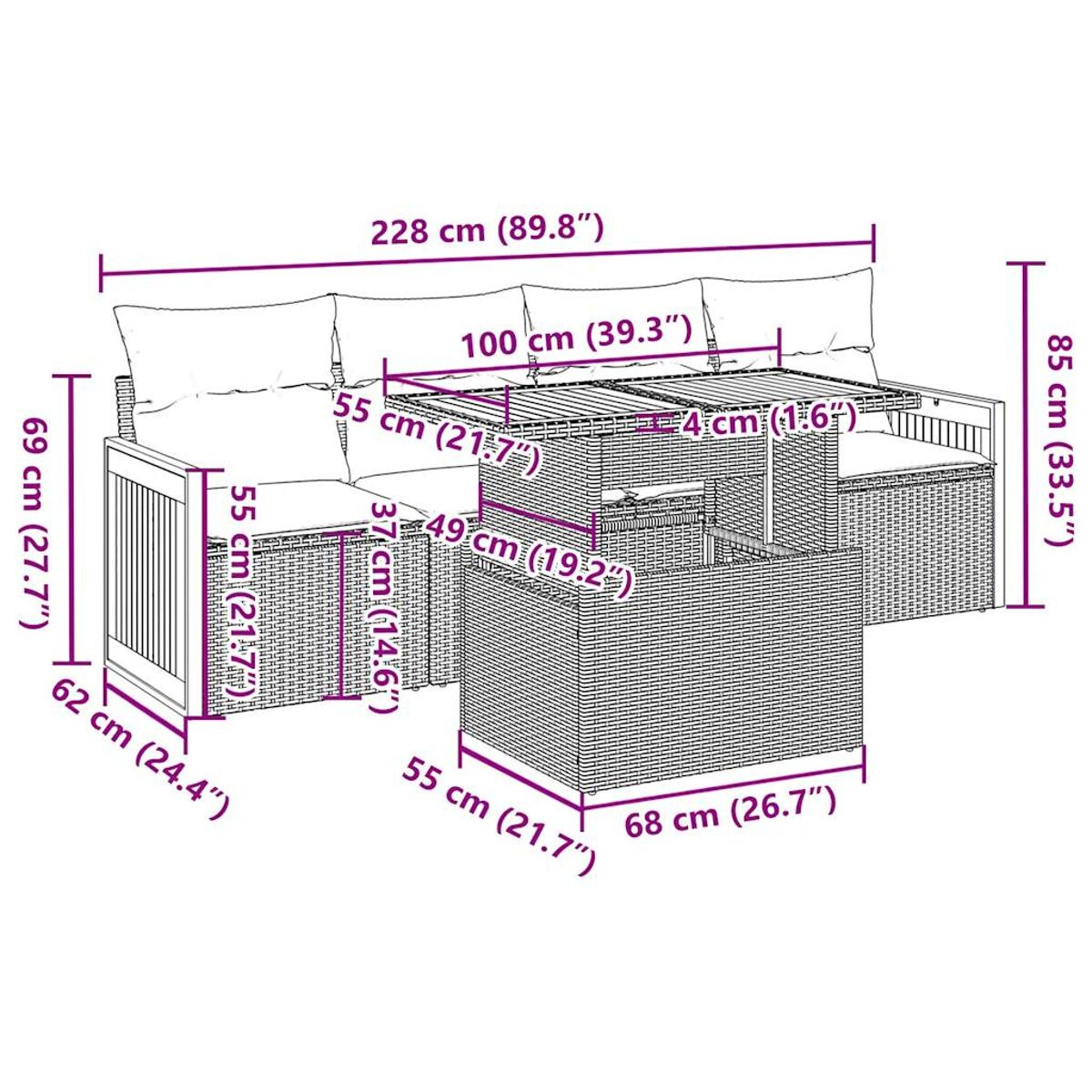Un set di mobili da esterno in vimini con dimensioni. Include un tavolo e posti a sedere.