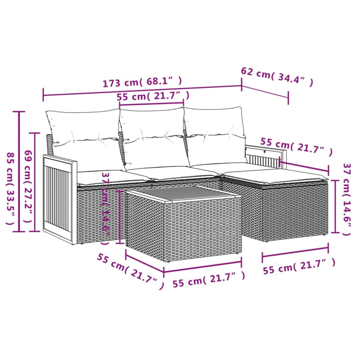 Schema di un set da patio in rattan. Include un divano, un pouf e un tavolino con dimensioni.