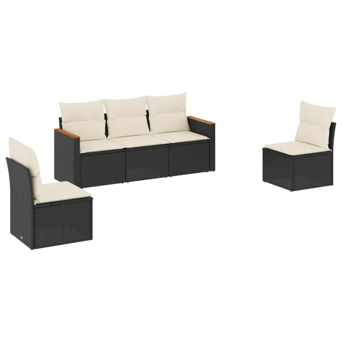 Set di mobili da esterno. Stile vimini nero. Cuscini beige. Sfondo bianco.