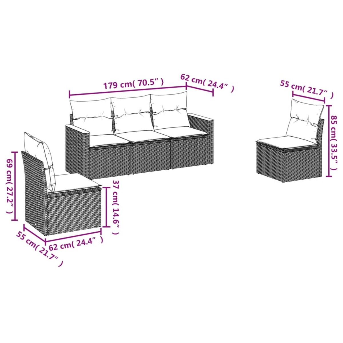 Set divano in rattan da esterno con dimensioni etichettate. Include un divano e due sedie.