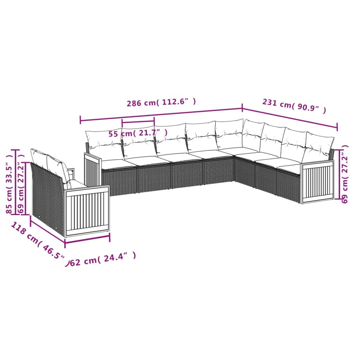 Divano componibile da esterno in rattan con dimensioni indicate.
