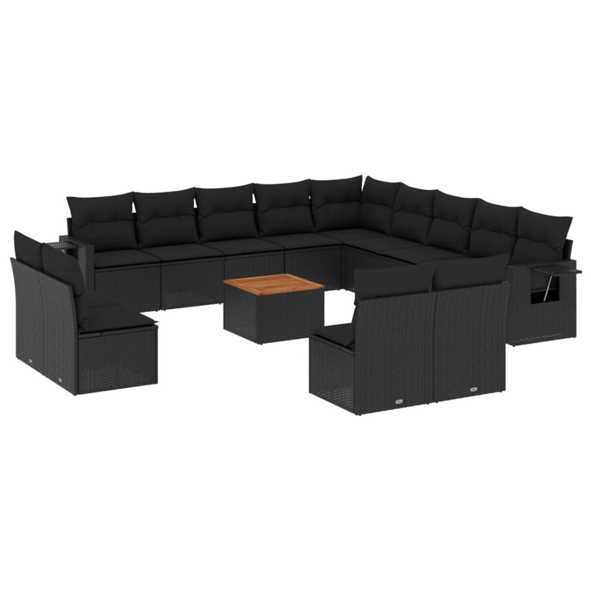Un set di mobili da esterno in rattan nero con cuscini e un tavolo in legno. Include un divano.