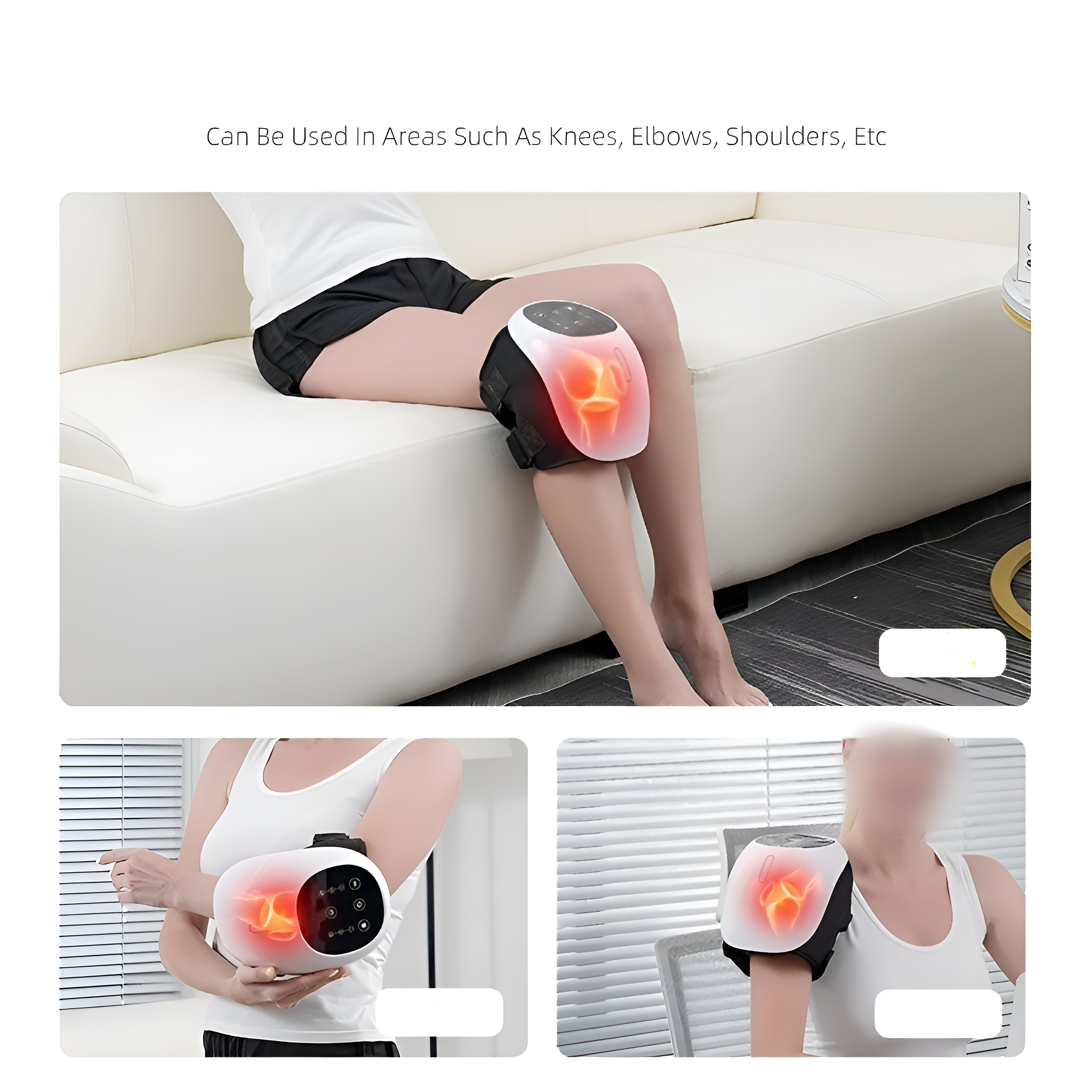 Drei Bilder, die ein Knie, einen Ellbogen und eine Schulter zeigen, die mit einem Rotlichttherapiegerät behandelt werden.