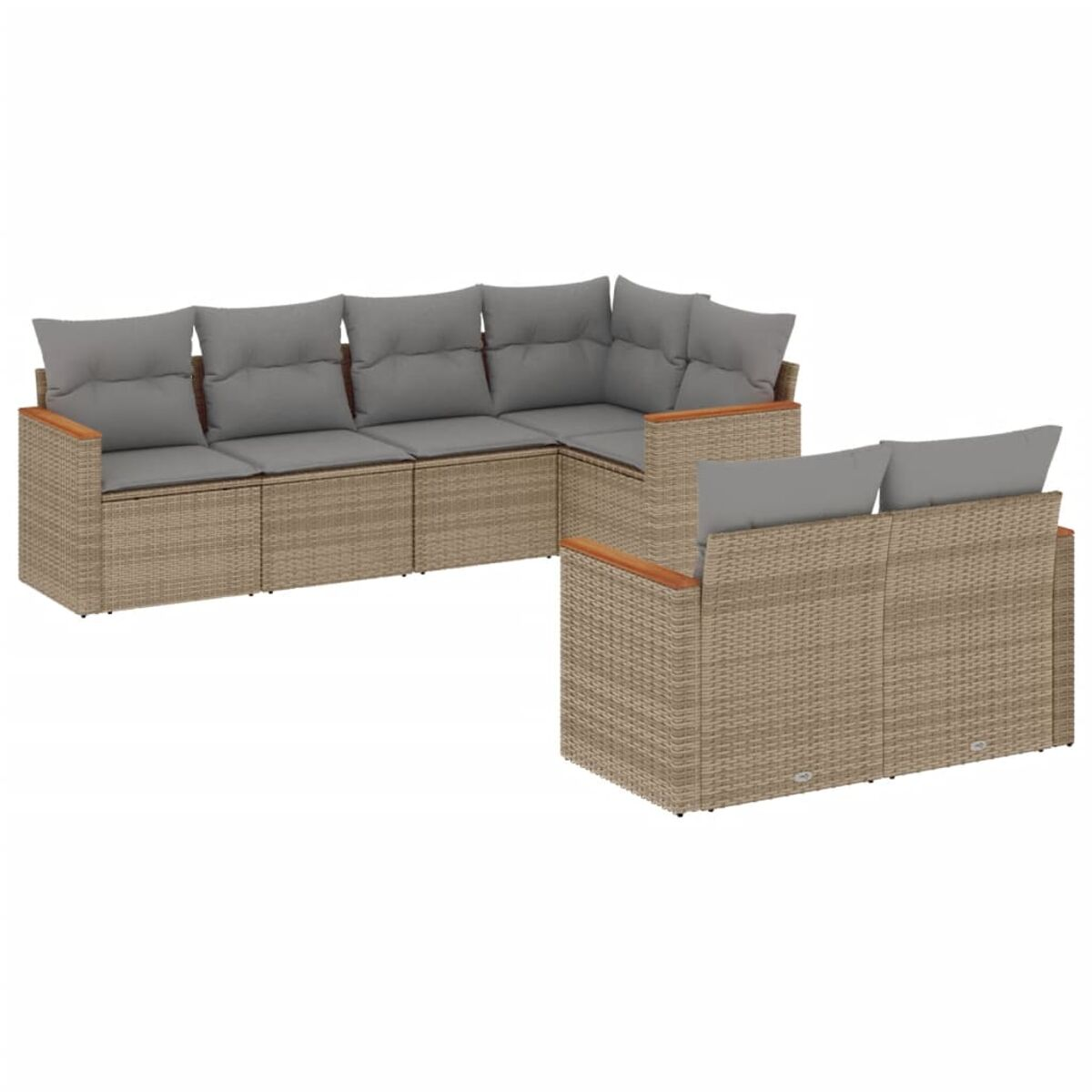 Set divano componibile da esterno con cuscini grigi. Ha un design in vimini intrecciato con braccioli in legno.